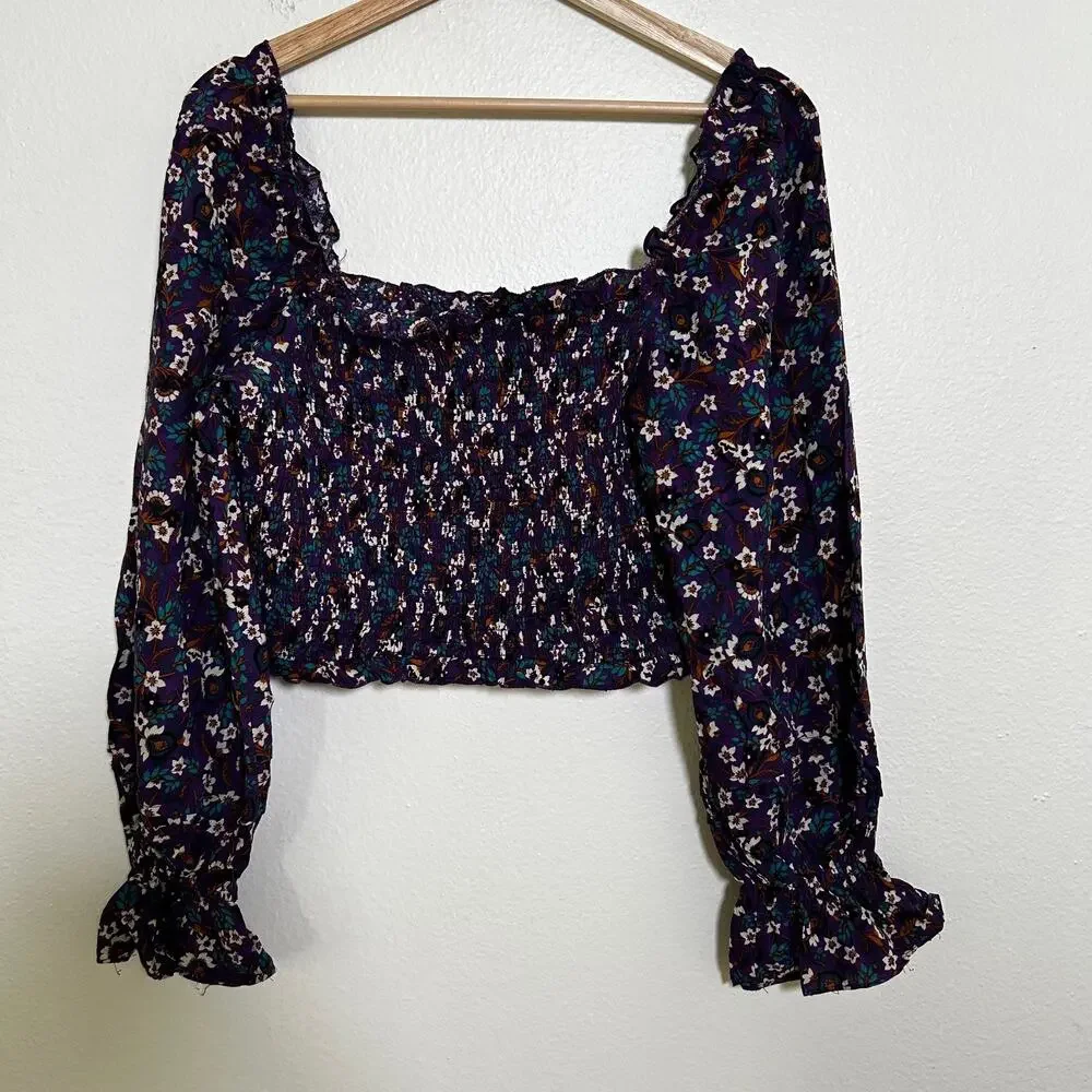 Band of the Free Smocked Floral Crop Top Purple Boho Prairie Festival NWT M